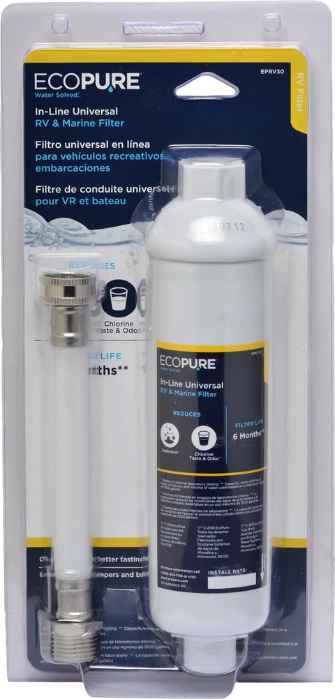 Top Shelf Universal RV And Marine In Line Water Filter with hose attachment in packaging for easy hydration.