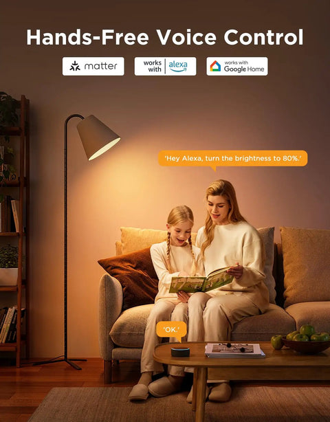 Top Tier Br30 Smart Light Bulbs 850 Lumen E26 Socket 4 Pack RGBWW in a cozy living room with voice control setup.