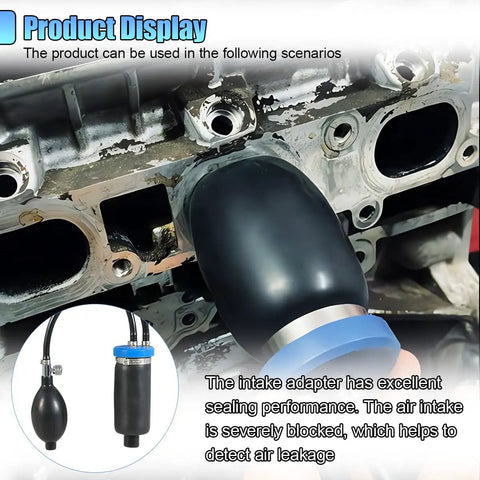 Universal Intake Adapter For Smoke Machine And Fuel Leak Diagnostic Tool With Heavy Duty Silicone Inflatable Bladder For 12V Evap System Plug And Play Under The Hood Auto Repair shown installed on engine.