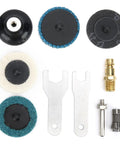 Badass Quarter Inch Air Powered 90 Degree Angled Die Grinder And Pneumatic Polisher With Coarse Emery Disk parts and accessories on white background.