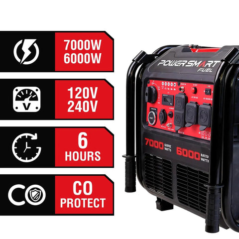 7000-Watt Open Frame Inverter Generator With Electric Start Portable Power For Home Backup And RV Camping 120V And 240V Dual Voltage Clean Sine Power For Sensitive Electronics Gas Powered shown with power and safety features