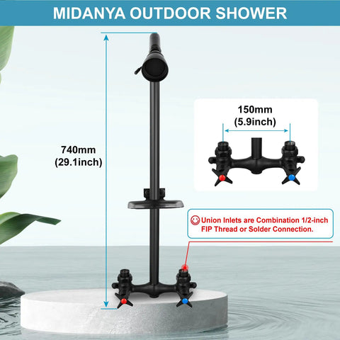 Matte Black Outdoor Shower System For Poolside Use with dimensions, brass mixer valve, and exposed fixtures on display.