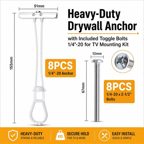 Heavy Duty Toggle Anchors With Bolts For Drywall Rock Solid Wall Mount Kit, 8PCS anchors and bolts for secure mounting.
