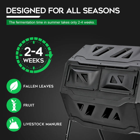 Large 43 Gallon Dual Chamber Compost Bin With Rotating Tumbler For Outdoor Use And Sliding Doors Heavy Duty Steel Frame BPA Free PP Construction Easy Kitchen Scraps Recycling For Backyard Gardens Bundle With Pearsons Gardening Gloves side view
