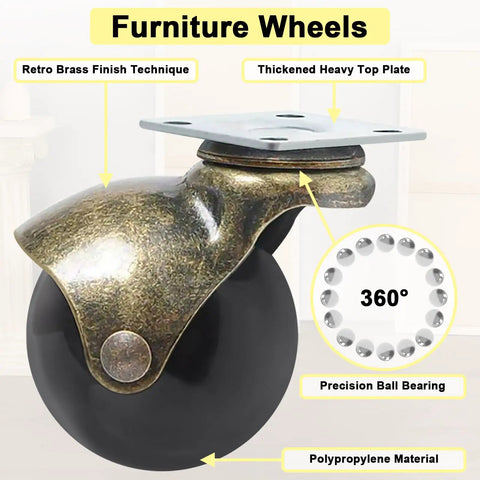 Heavy Duty 2 Inch Ball Casters With Silent Polypropylene Wheels And Antique Brass Swivel Plates showing detailed design and features.