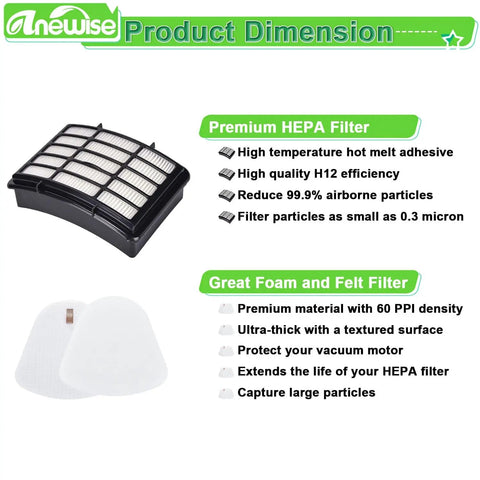 Filter Replacement for Shark Navigator Lift Away Deluxe Pro Vacuum ZU503AMZ HEPA and foam felt filters dimensions