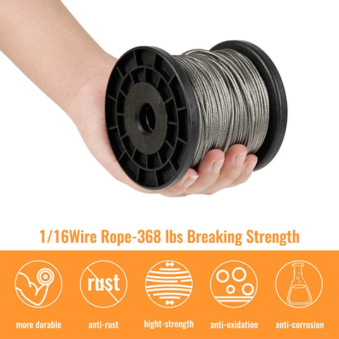 Job Site Ready 1/16 Inch Stainless Steel Wire Rope Cable Spool 328 Feet Long with 120 Aluminum Crimp Sleeves in a hand.