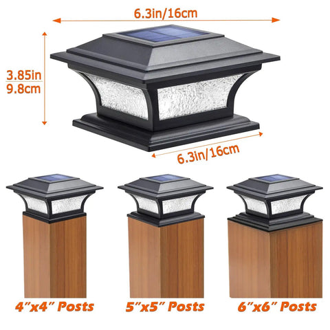 Solar Post Cap Lights For 4x4 5x5 6x6 Posts, Outdoor Glass LED Fence Caps With Pebbled Glass, Black finish, multi-size fitting