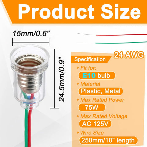Straight Up Heavy Duty E10 Mini Bulb Socket With 10 Inch Wiring Harness 24Awg Cable close-up view showing size and specifications.