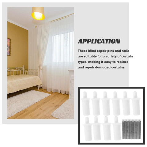 Go To Heavy Duty Blind Repair Pins And Vertical Shutter Clip Kit For Curtain Replacement Hardware Plantation Treatments Quick Snap Fix Window Shades Bundle in a bedroom setting with clips and pins displayed.