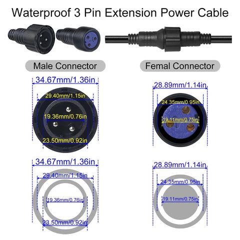 Top Tier Waterproof Power Cable Extension Featuring 3 Pin 13Awg Connectors Ip65 Rated 16.4 Foot Stage Lighting Cord connectors close-up with measurements