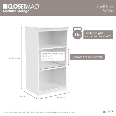 Versatile Modular Storage Shelf With Three Adjustable Shelves Stackable Closet Organizer featuring clean trim solid backing, white color dimensions 40.29 H x 21.38 W x 15.91 D.