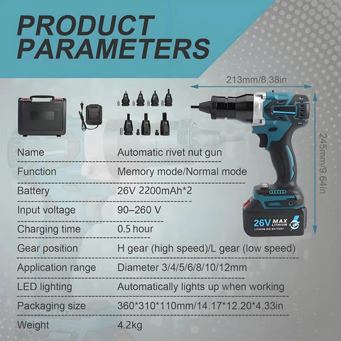 Heavy Duty Cordless Rivet Nut Gun With 26V Rechargeable Battery And M3 To M12 Mandrels for automotive, features detailed specs.