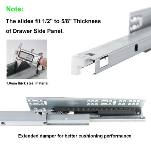 Slick Six Pack Of 16 Inch Soft Close Undermount Full Extension Drawer Slides featuring 1.6mm thick steel for drawer panel thickness.