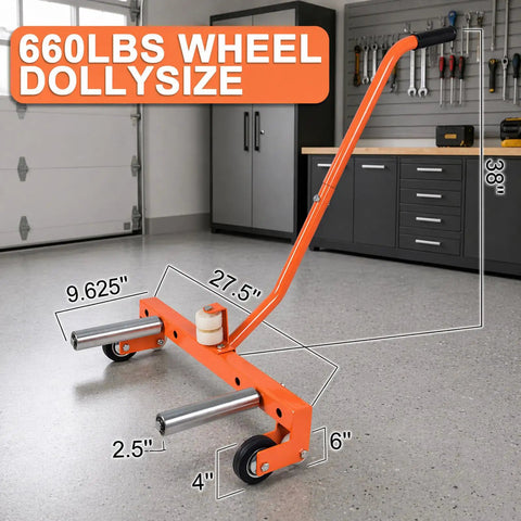 Heavy Duty 660 Lbs Adjustable Tire Wheel Dolly Built Dang Tough For Garages With Ultra Smooth Eight Inch Rollers, showing dimensions in garage.