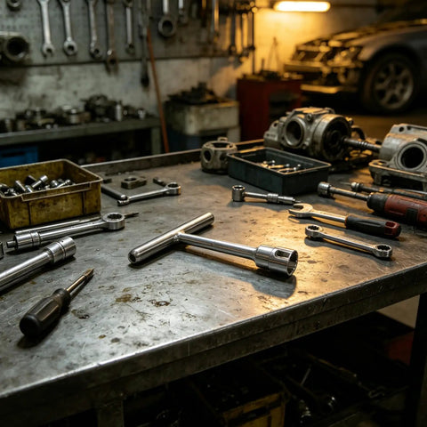 Heavy Duty Car Body Dent Puller Set For Sheet Metal Panels And Doors With T Bar on a workbench with tools.
