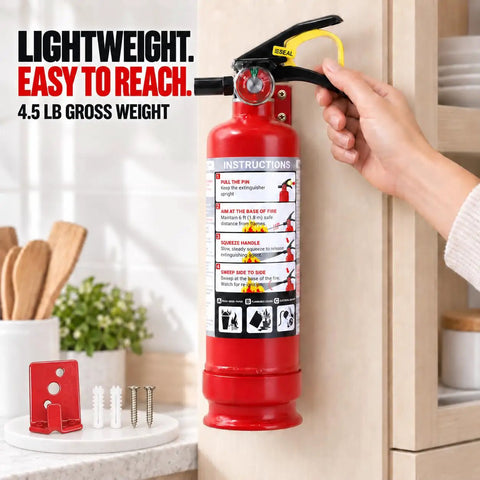 Lightweight Portable Abc Dry Chemical Fire Extinguisher Killer Multipurpose Safety Kit for Home Garage Car Truck Rv mounted in kitchen.