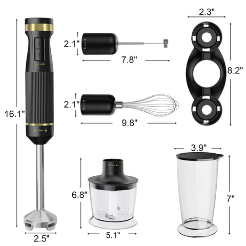Kitchen Beast 1200W Handheld Immersion Blender Kit With Five Must Have Attachments for quick soup blending and smoothie creation.