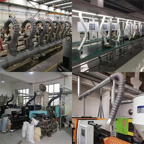 Flexible Solder Fume Extractor Arm For Electronics And Woodworking Projects With Adjustable Valve and Hood in various workshop setups.