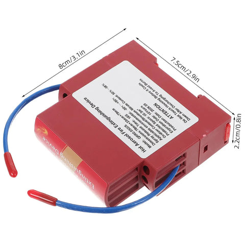 Road Ready Automatic Fire Extinguisher, Portable Aerosol Auto Suppression Spray With Heavy Duty Adhesive Backing, red unit with blue wire.