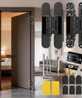 Six Inch Hidden Door Hinge With Concealed Hardware Kit For Flush Wall Mounts, featuring sleek black design and installation tools.