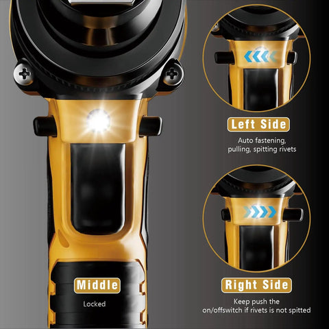 Workhorse Cordless Rivet Gun With Brushless Motor And One Button Auto Riveting For 20V Batteries Including Aluminum Rivets Quick Swap Nose And Bright Led Work Light Tool Only showing details of the body and LED lamp.