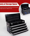 21 Inch Heavy Hitter Metal Tool Box With Four Smooth Drawers And Tight Auto Latching Steel Tool Chest Built Legit For Shop Grind And Weekend Warrior Gear Black open showing storage space.