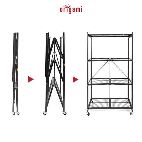 Straight Up Heavy Duty 4 Tier Foldable Steel Storage Rack In Black, showcasing folding mechanism and setup stages.