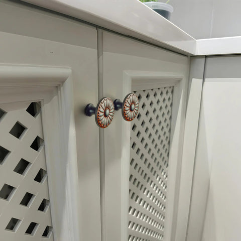 Six Pack Fresh Distressed Rust Red Cabinet Knobs With Killer Vintage Floral Medallion Details Cast From Heavy Duty Zinc Alloy For Snazzy Dresser And Kitchen Vanity Refreshes That Look Absolutely Top Shelf on white cabinet doors