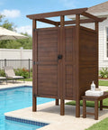 All Weather Solid Wood Outdoor Shower Enclosure With Storage Shelf And Lockable Door For Poolside Backyard Beach Use