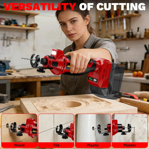 Heavy Hitter Cordless Drywall Rotary Saw With Three Adjustable Speeds And Brushless Motor Up To Thirty Thousand Rpm, cutting wood with precision.