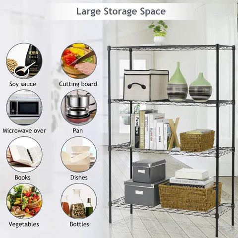 Adjustable Heavy Duty Wire Shelving With Four Solid Levels, display of kitchen items and storage containers on black wire shelf.