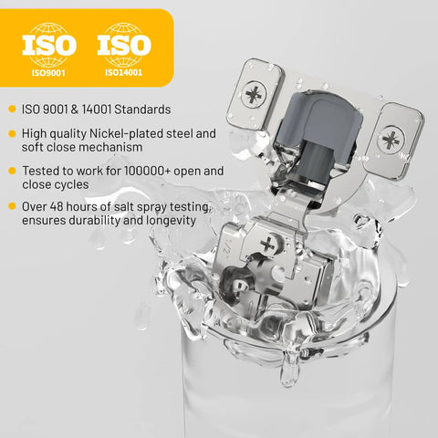 Heavy Duty 20 Pack Soft Close Cabinet Hinges One Half Inch Full Overlay Built Like a Tank Cold Rolled Steel Hardware Tough Enough for Kitchen and Bath Remodels, showcasing a hinge with water droplets.