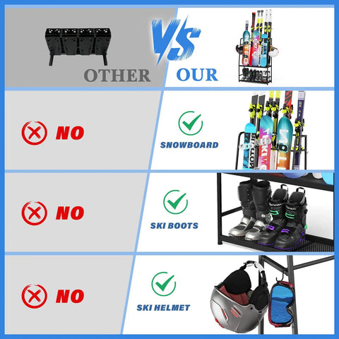 Comparison image of Freestanding Heavy Duty Ski And Snowboard Rack For Garage Storage Holds Four Full Sets Of Gear with various gear.