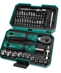 Knockout Metric Ratchet Wrench Set Featuring 10 Sockets Spanning 4 To 13 Millimeters, with tools and bits in a storage case.