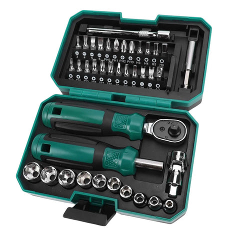 Knockout Metric Ratchet Wrench Set Featuring 10 Sockets Spanning 4 To 13 Millimeters, with tools and bits in a storage case.