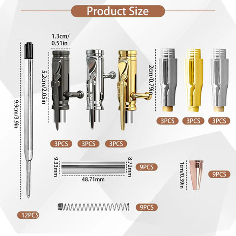Product size details of Bolt Action Pen Kit Set With Mandrel For Woodturning 9 Pcs DIY Ballpoint Pen Making Kit in various finishes.
