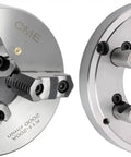 8 Inch 3 Jaw Self Centering Lathe Chuck With D1 6 Camlock Backing Plate Scroll Style Two Piece Reversible Jaws Front View