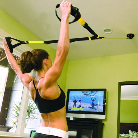 Heavy Duty Wall Mount Bracket And Ceiling Anchor Hooks For Suspension Trainer Straps used indoors for workouts.