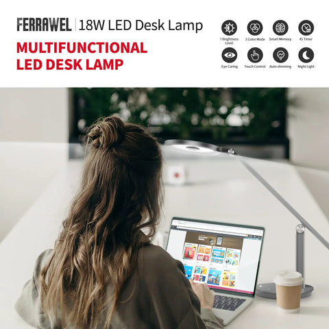 Dimmable LED Desk Lamp With Auto Off Timer And Memory Function, gray lamp on desk next to laptop, 18W 1000LM