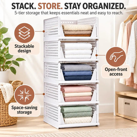 Solid 5 Pack Stackable Plastic Closet Storage Baskets In Crisp White For Slick Home Organization That Maxes Out Vertical Space And Keeps Your Daily Essentials Fresh And Tidy, showcasing five stacked bins holding folded towels.