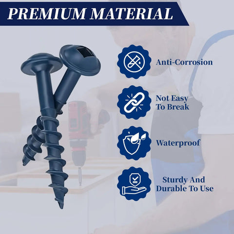 Close-up of blue Job Site Ready Pocket Hole Screws One Quarter Inch Number Eight Coarse Thread Washer Head Square Drive.
