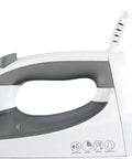 Side view of Quickpress Iron With Smart Steam Technology Auto Adjusts Steam By Fabric Setting, white silver handle close-up.