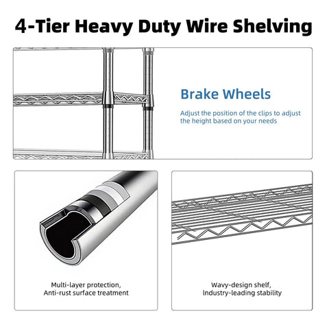 4-Tier Heavy Duty Wire Shelving Unit with brake wheels and adjustable height, featuring rust-resistant carbon steel.