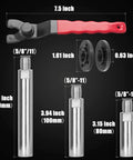 Universal Angle Grinder Attachments Kit With 5/8-11 Extension Rods Flange Nuts Clamping Blocks And Adjustable Spanner Wrench 12 Piece Set For DeWalt Milwaukee Makita Grinders Fast Change Upgrade For Safer More Efficient Grinding showing spanner wrench and extension rods sizes.