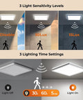 Dimmable Motion Sensor LED Ceiling Light With Remote, 12 Inch 24W 2400LM Flush Mount Fixture showcasing light sensitivity and timing settings.