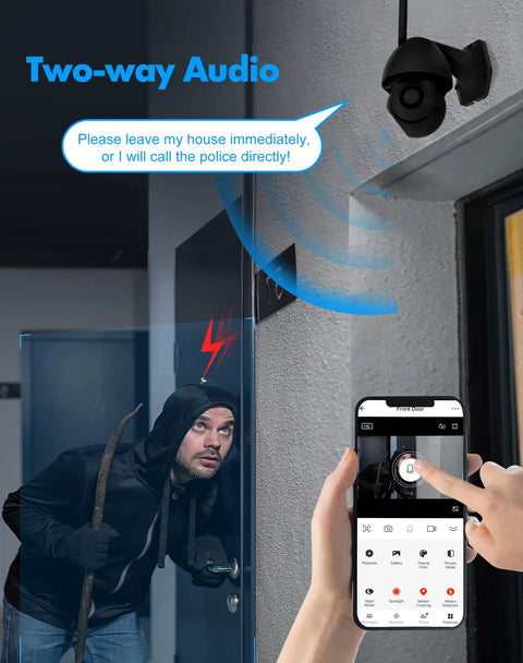 Outdoor Wired 2K Security Camera With Starlight Color Night Vision AI Human Detection And Auto Tracking showing two-way audio feature.