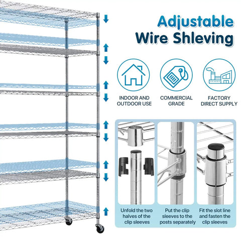 Heavy Hitter Six Tier Garage Shelving Rack With Locking Casters 6000 Lbs Capacity showing adjustable wire shelving features.