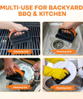 Griddle Cleaning Kit With 3 Replacement Scouring Pads for Flattop Grills, shown used for cleaning grill, sink, pot, and dish.