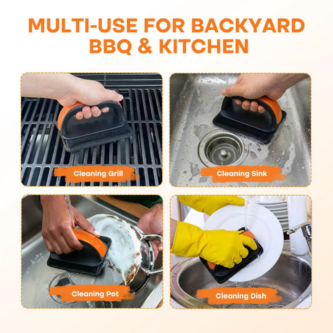 Griddle Cleaning Kit With 3 Replacement Scouring Pads for Flattop Grills, shown used for cleaning grill, sink, pot, and dish.